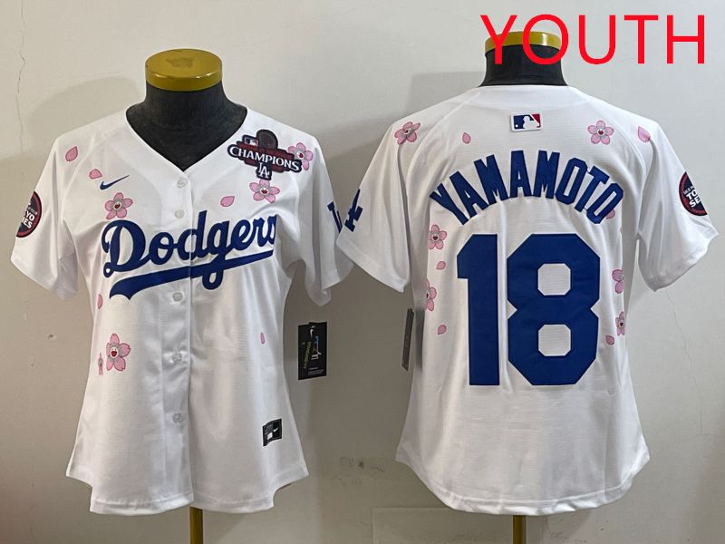 Youth Los Angeles Dodgers #18 Yamamoto White Sakura Edition 2025 Nike MLB Jersey style 3->youth mlb jersey->Youth Jersey